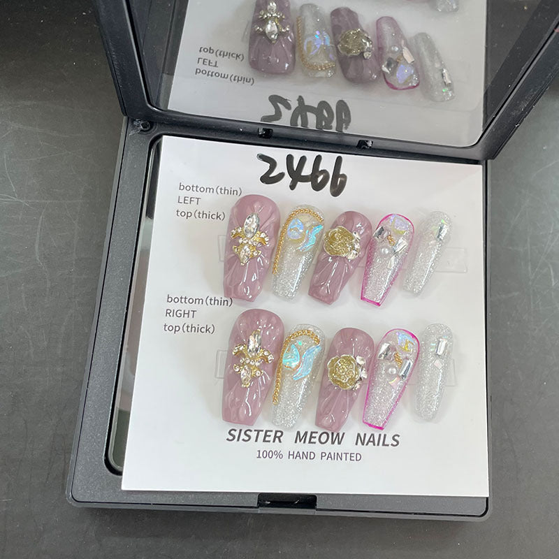 Designer: MeowMeow.Handmade Nail Designs Press on Nails DIY  Nail Art for woman girl Long Coffin purple silver