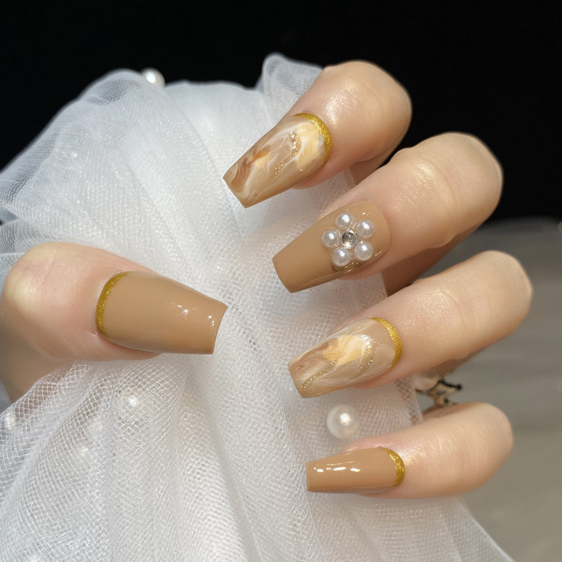 Designer: HuaHua.Handmade nails Press on Nails DIY Nail Art for woman girl Long Coffin brown