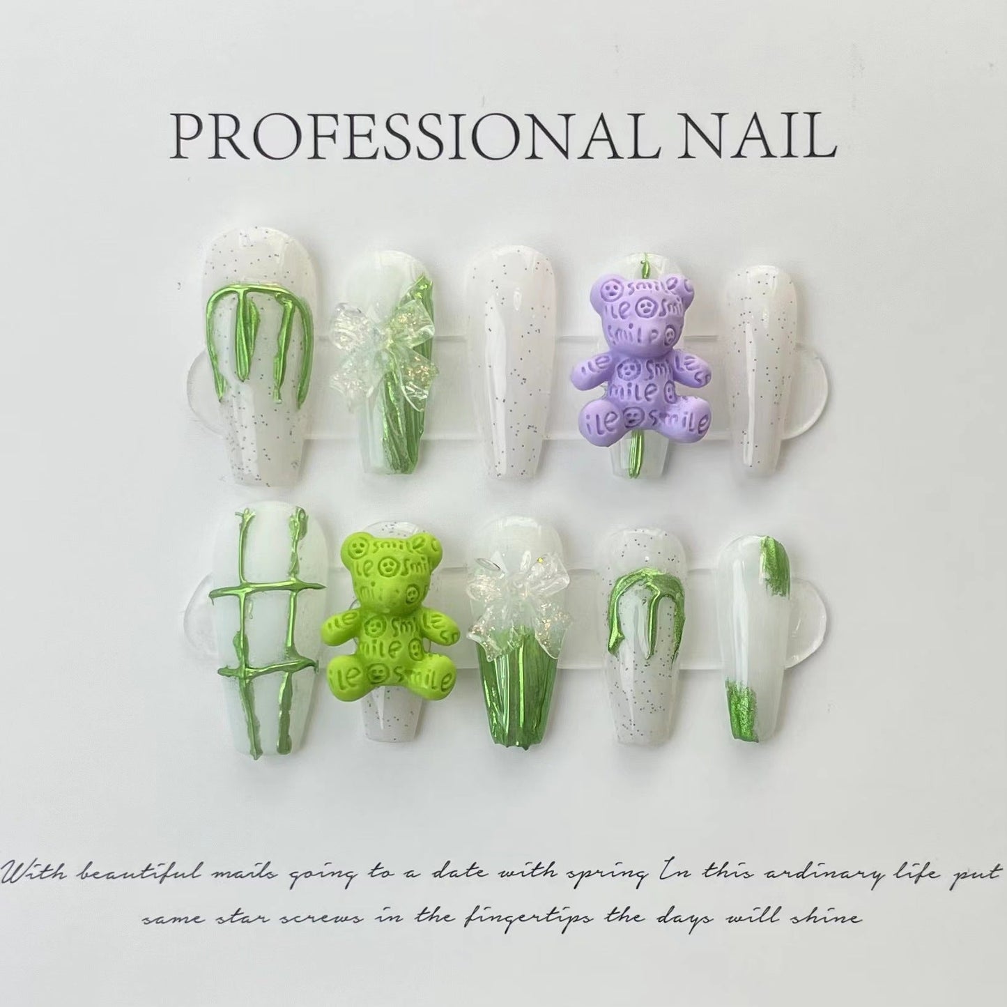 Designer: ManMan Handmade nails Press on Nails DIY Nail Art for woman girl Long Coffin green