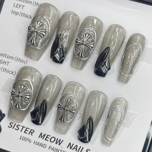 Designer: MeowMeow.Handmade Nail Designs Press on Nails DIY  Nail Art for woman girl Long Coffin gray