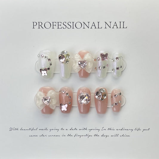 Designer: ManMan Handmade nails Press on Nails DIY Nail Art for woman girl Long Coffin pink