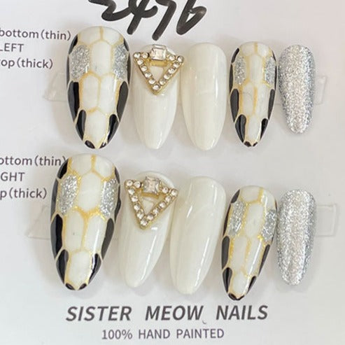 Designer: MeowMeow.Handmade Nail Designs Press on Nails DIY  Nail Art for woman girl Almond Long white