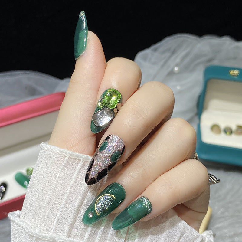 Designer: HuaHua.Handmade nails Press on Nails DIY Nail Art for woman girl Almond Long green