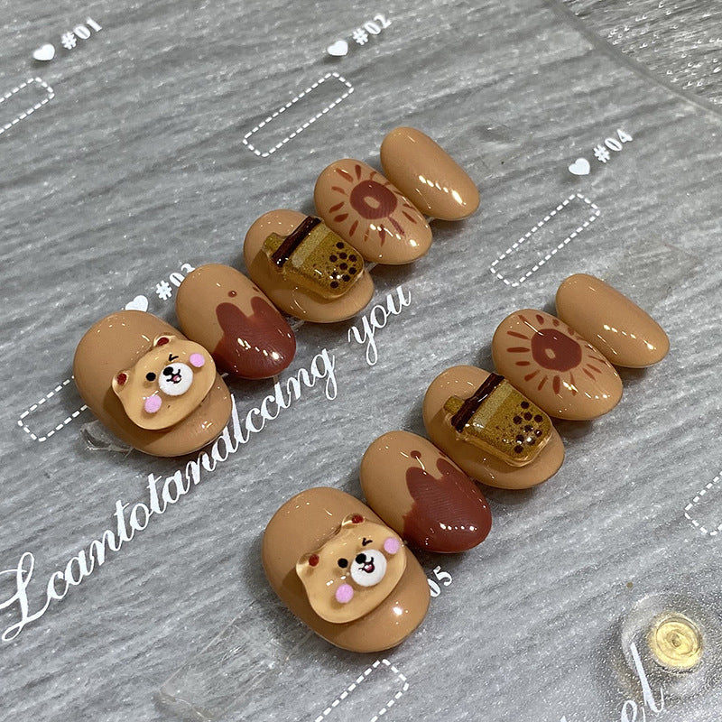 Designer: HuaHua.Handmade nails Press on Nails DIY Nail Art for woman girl Short Square Cartoon brown