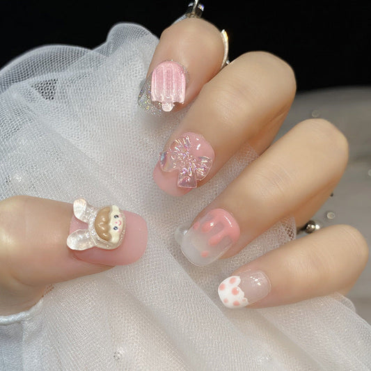 Designer: HuaHua.Handmade nails Press on Nails DIY Nail Art for woman girl Short Square pink