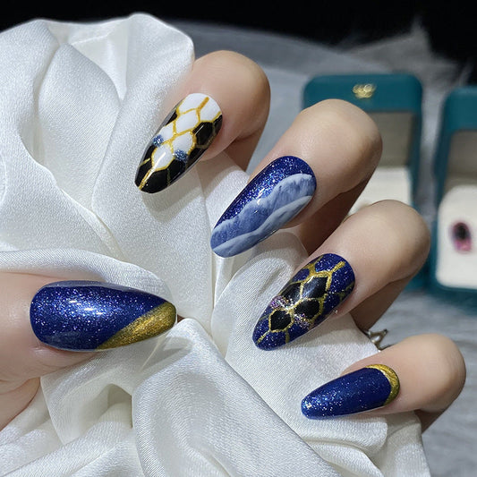 Designer: HuaHua.Handmade nails Press on Nails DIY Nail Art for woman girl Almond Long blue