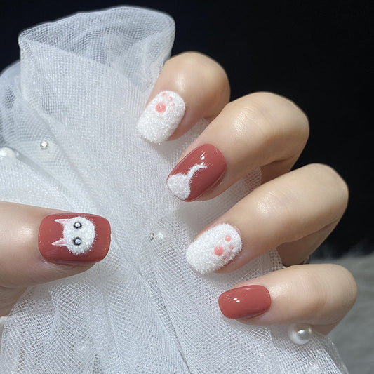 Designer: HuaHua.Handmade nails Press on Nails DIY Nail Art for woman girl Short Square Cartoon red