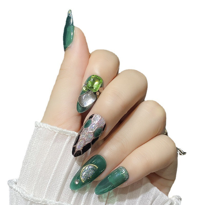 Designer: HuaHua.Handmade nails Press on Nails DIY Nail Art for woman girl Almond Long green