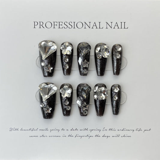 Designer: ManMan Handmade nails Press on Nails DIY Nail Art for woman girl Long Coffin black rhinestone