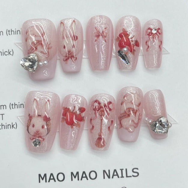 Designer: MaoMao.Handmade Nail Designs Press on Nails DIY  Nail Art for woman girl Long Coffin pink