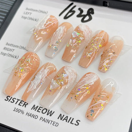 Designer: MeowMeow.Handmade Nail Designs Press on Nails DIY  Nail Art for woman girl Long Coffin orange