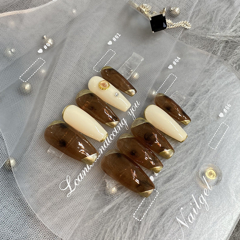 Designer: HuaHua.Handmade nails Press on Nails DIY Nail Art for woman girl Long Coffin  brown