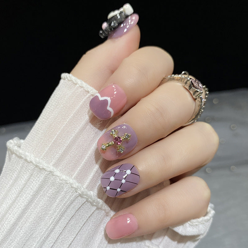 Designer: HuaHua.Handmade nails Press on Nails DIY Nail Art for woman girl Short Square pink purple Cartoon