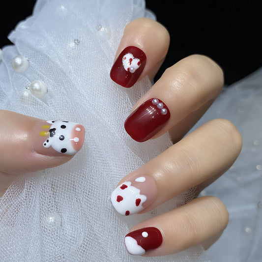 Designer: HuaHua.Handmade nails Press on Nails DIY Nail Art for woman girl Short Square red