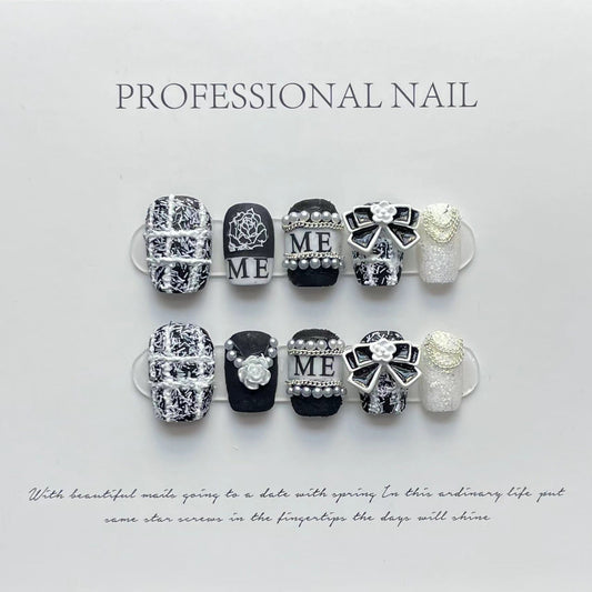 Designer: ManMan Handmade nails Press on Nails DIY Nail Art for woman girl Square black