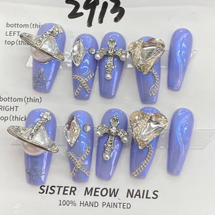 Designer: MeowMeow.Handmade Nail Designs Press on Nails DIY  Nail Art for woman girl Long Coffin blue