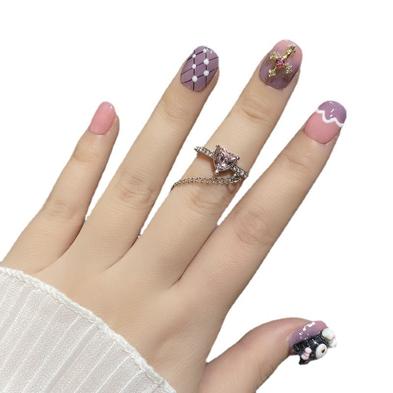 Designer: HuaHua.Handmade nails Press on Nails DIY Nail Art for woman girl Short Square pink purple Cartoon