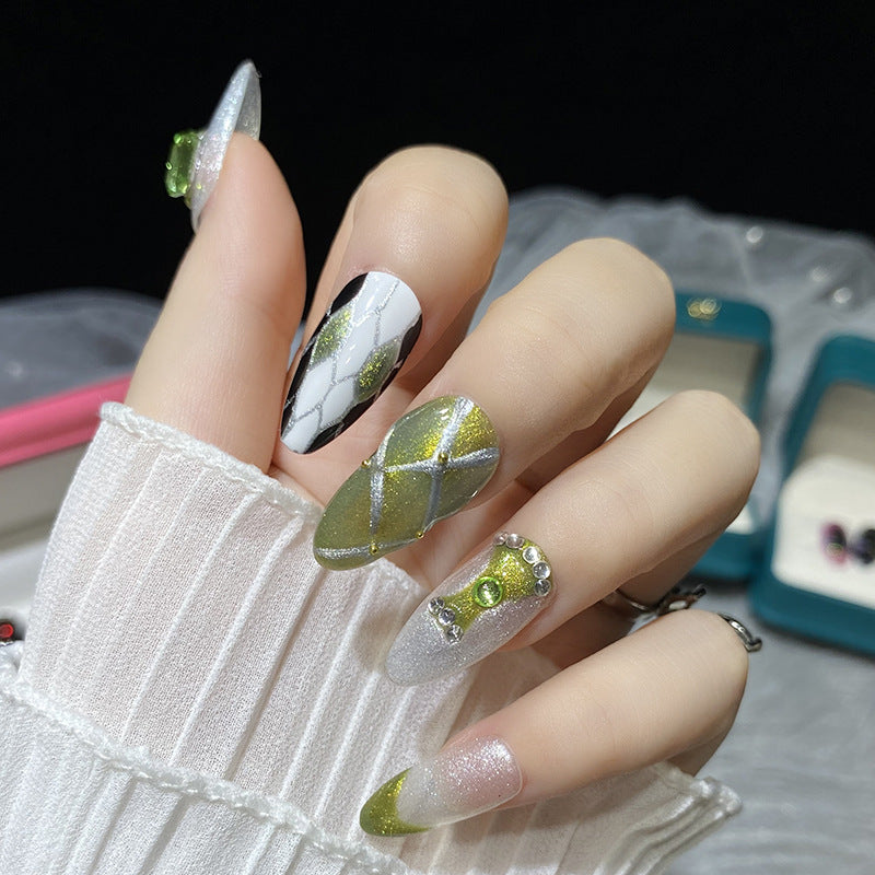 Designer: HuaHua.Handmade nails Press on Nails DIY Nail Art for woman girl Almond Long green silver