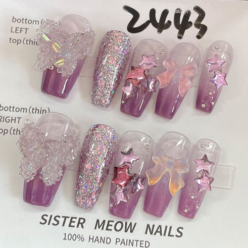 Designer: MeowMeow.Handmade Nail Designs Press on Nails DIY  Nail Art for woman girl Long Coffin purple