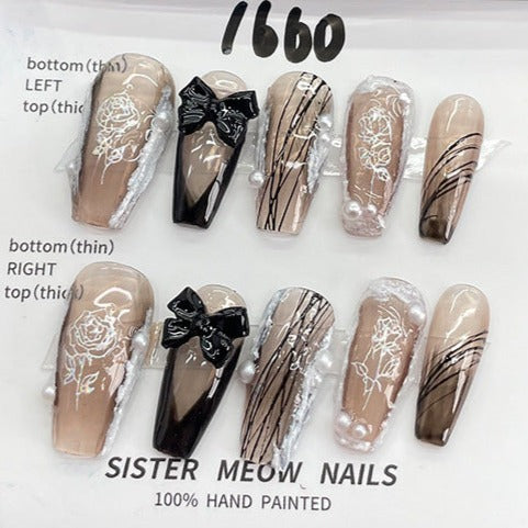 Designer: MeowMeow.Handmade Nail Designs Press on Nails DIY  Nail Art for woman girl Long Coffin brown