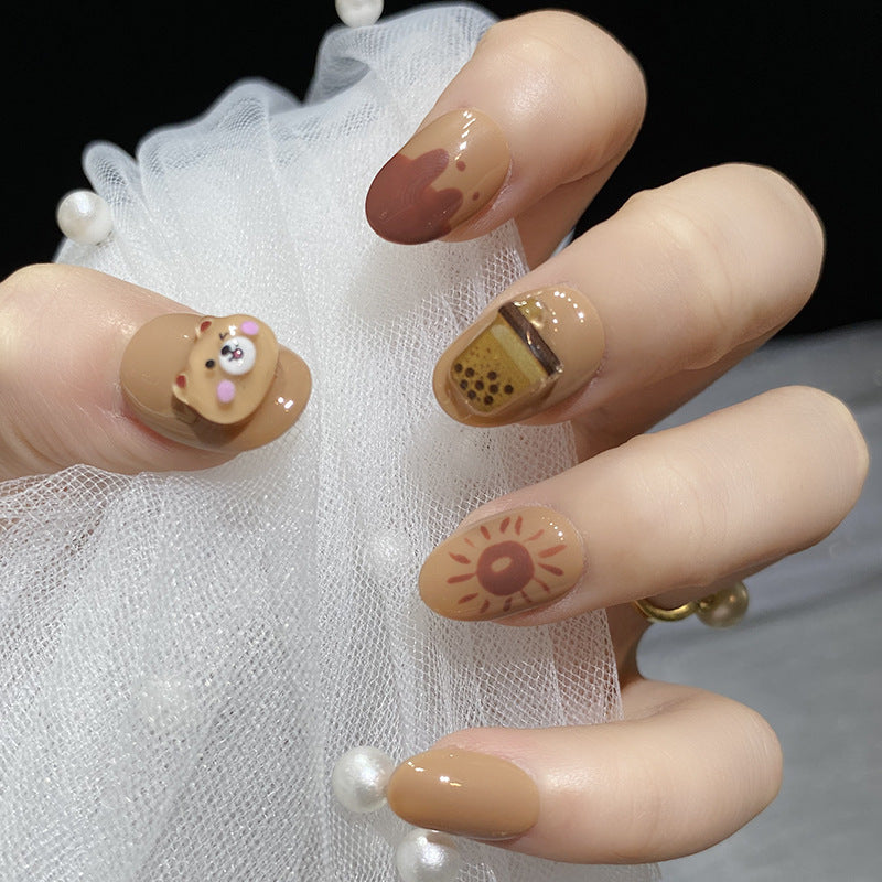 Designer: HuaHua.Handmade nails Press on Nails DIY Nail Art for woman girl Short Square Cartoon brown