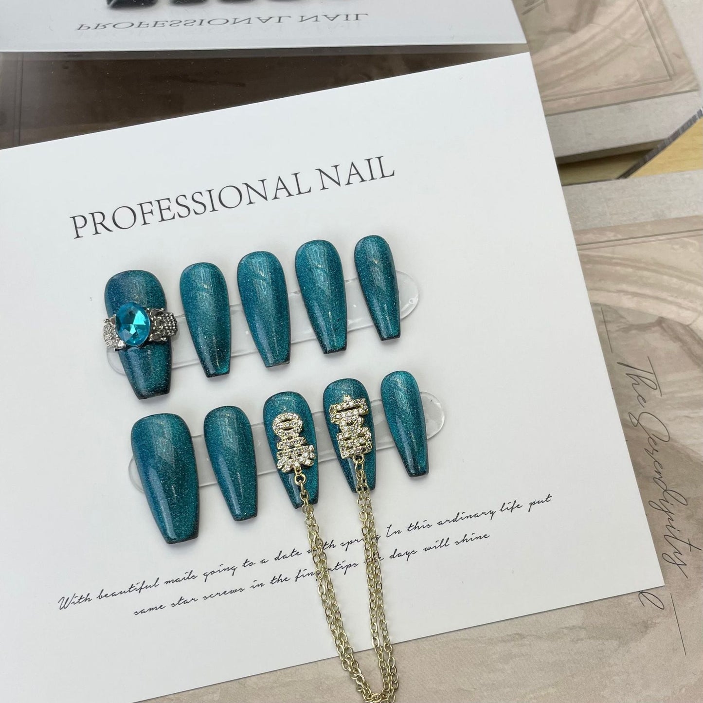 Designer: ManMan Handmade nails Press on Nails DIY Nail Art for woman girl Long Coffin green blue