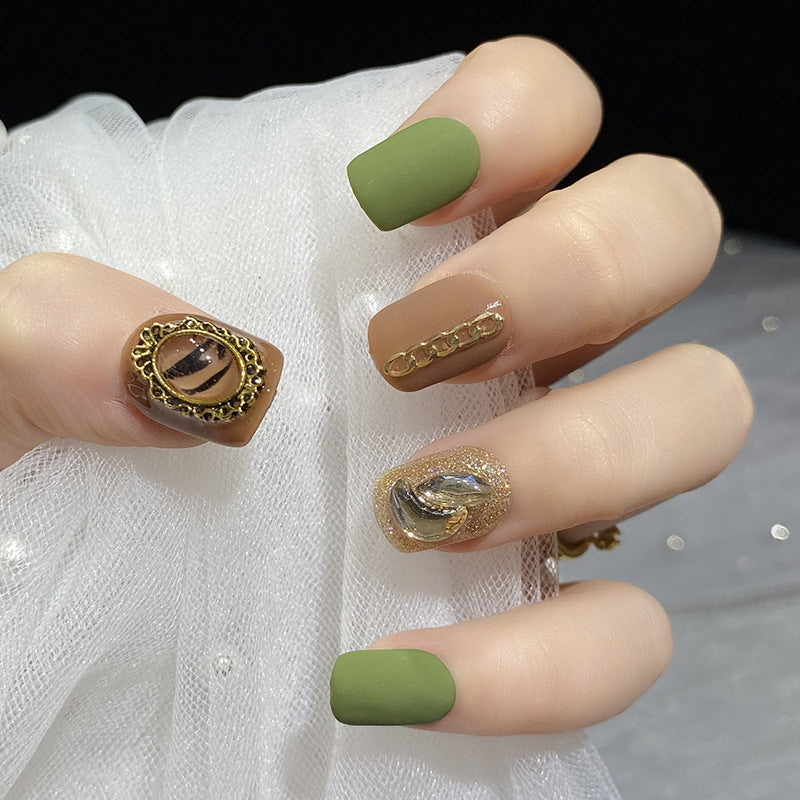 Designer: HuaHua.Handmade nails Press on Nails DIY Nail Art for woman girl Short Square green