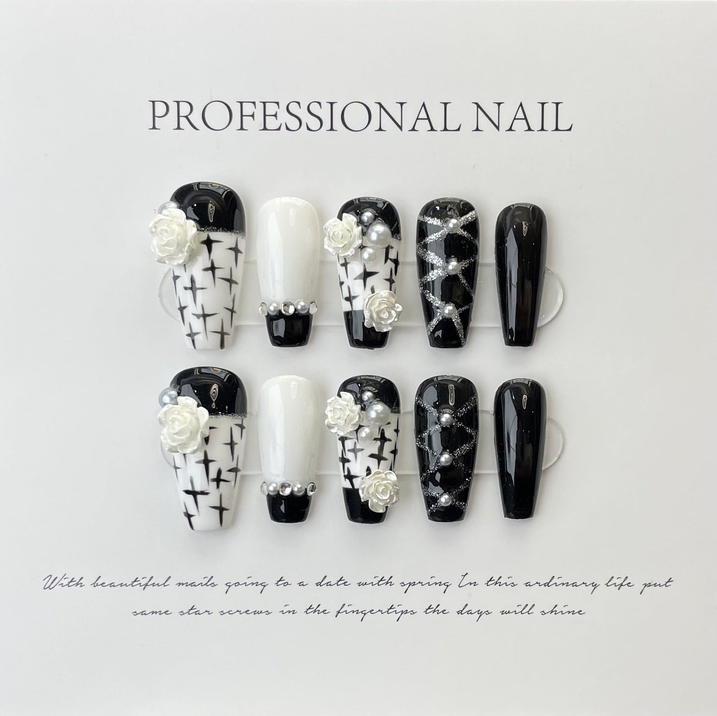 Designer: ManMan Handmade nails Press on Nails DIY Nail Art for woman girl Long Coffin white black