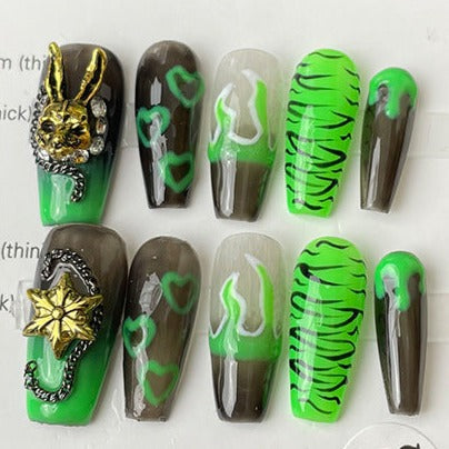 Designer: MeowMeow.Handmade Nail Designs Press on Nails DIY  Nail Art for woman girl Long Coffin green