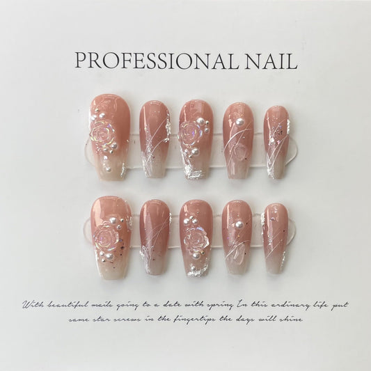 Designer: ManMan Handmade nails Press on Nails DIY Nail Art for woman girl Long Coffin pink