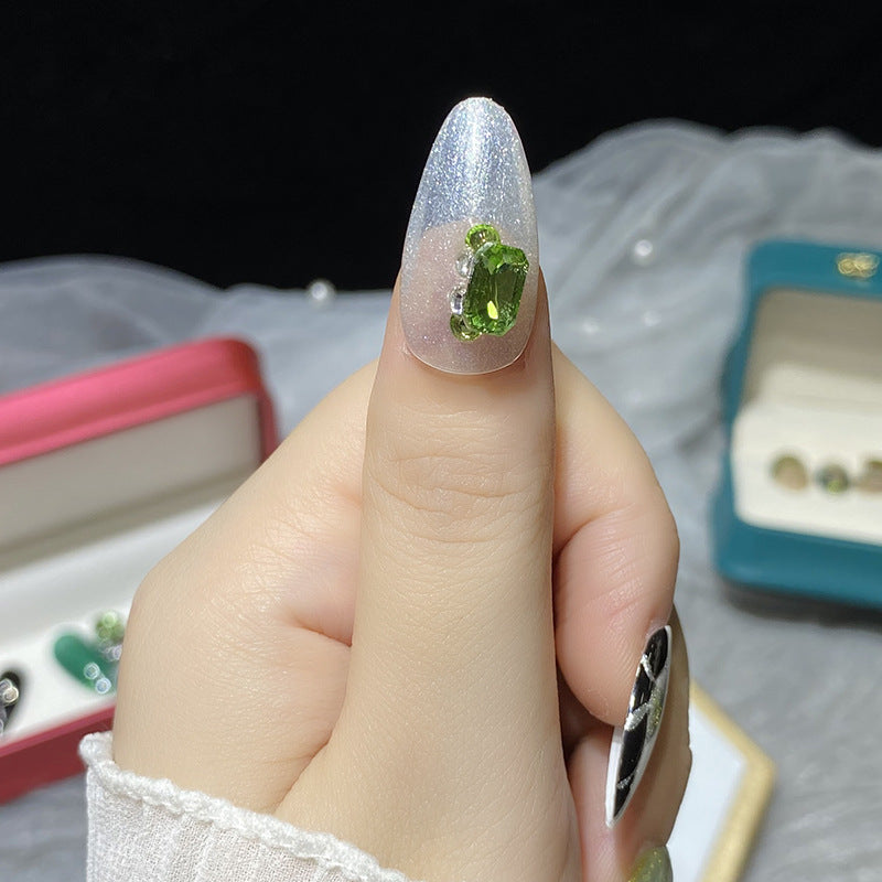 Designer: HuaHua.Handmade nails Press on Nails DIY Nail Art for woman girl Almond Long green silver