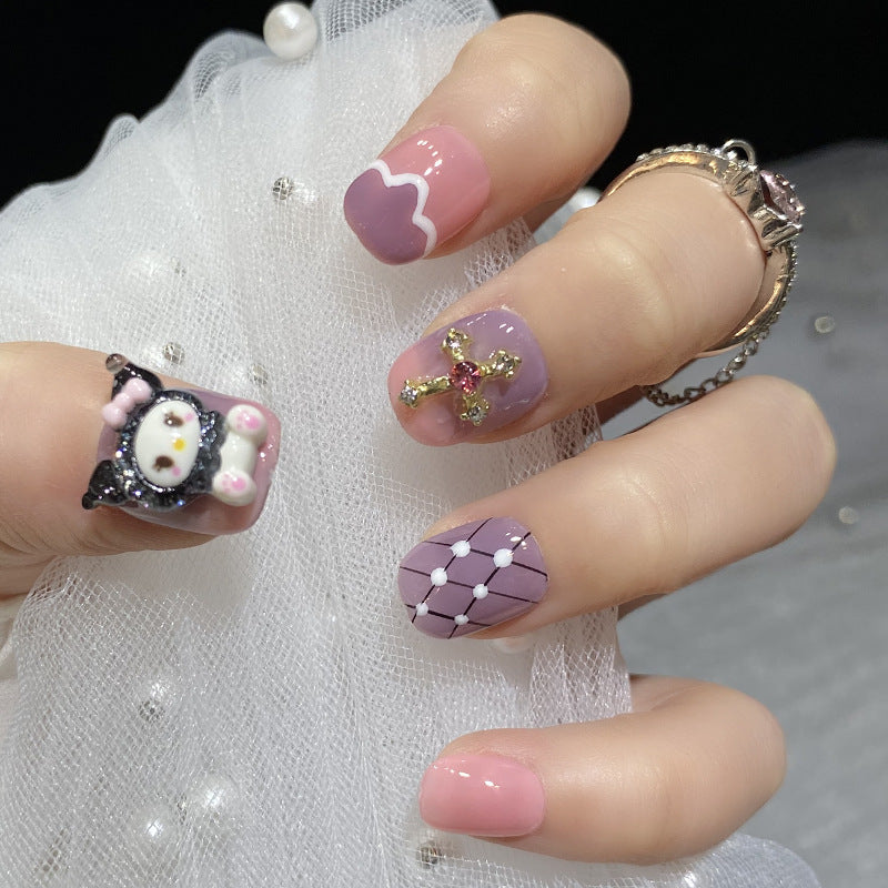 Designer: HuaHua.Handmade nails Press on Nails DIY Nail Art for woman girl Short Square pink purple Cartoon