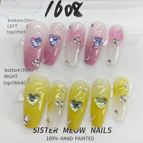 Designer: MeowMeow.Handmade Nail Designs Press on Nails DIY  Nail Art for woman girl Long Coffin pink yellow rhinestone