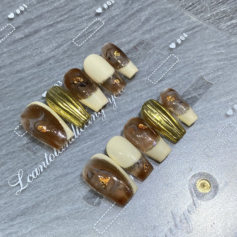 Designer: HuaHua.Handmade nails Press on Nails DIY Nail Art for woman girl Long Coffin brown gold