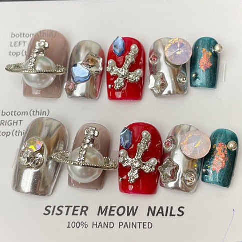 Designer: MeowMeow.Handmade Nail Designs Press on Nails DIY  Nail Art for woman girl Short Square colorful