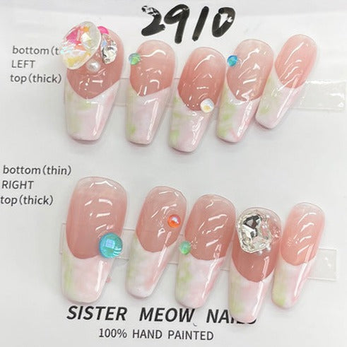 Designer: MeowMeow.Handmade Nail Designs Press on Nails DIY  Nail Art for woman girl Long Coffin pink French