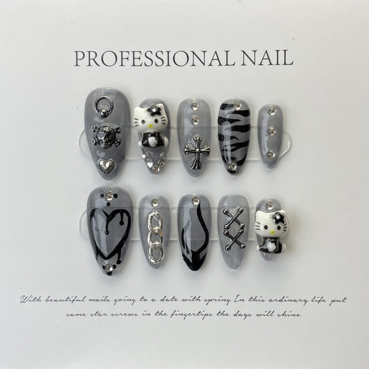 Designer: ManMan Handmade nails Press on Nails DIY Nail Art for woman girl Almond Long gray