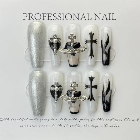 Designer: ManMan Handmade nails Press on Nails DIY Nail Art for woman girl Long Coffin white