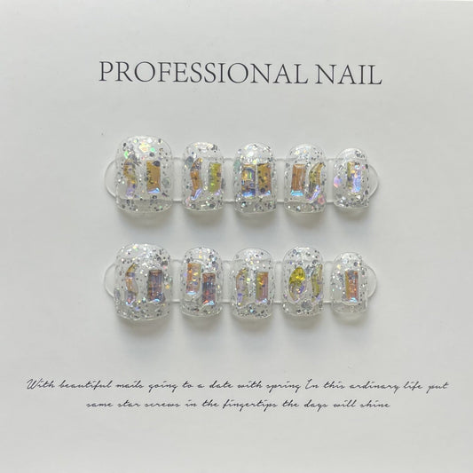 Designer: ManMan Handmade nails Press on Nails DIY Nail Art for woman girl Short Square silver