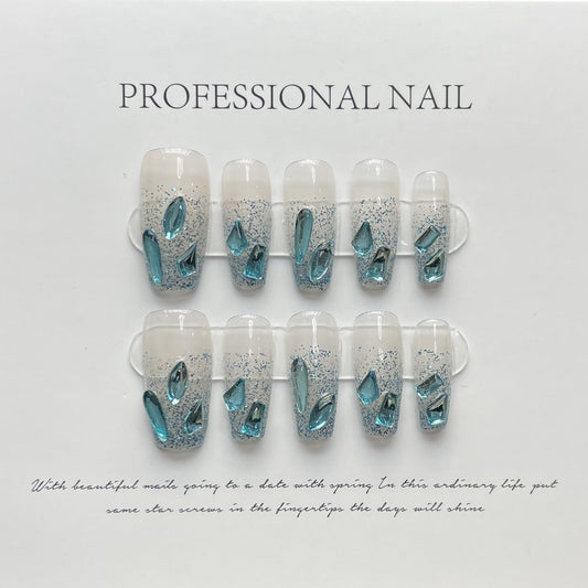 Designer: ManMan Handmade nails Press on Nails DIY Nail Art for woman girl Long Coffin blue