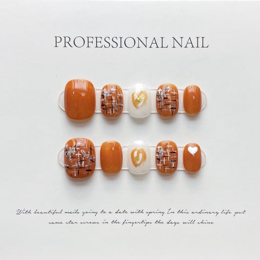 Designer: ManMan Handmade nails Press on Nails DIY Nail Art for woman girl Short Square orange