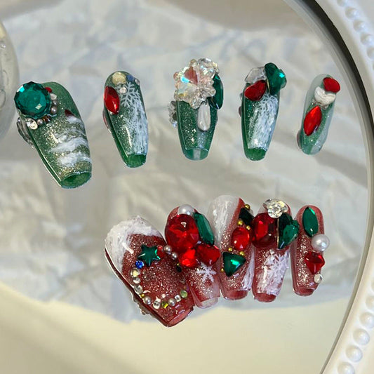 Designer: MeowMeow.Handmade Nail Designs Press on Nails DIY  Nail Art for woman girl Long Coffin red green