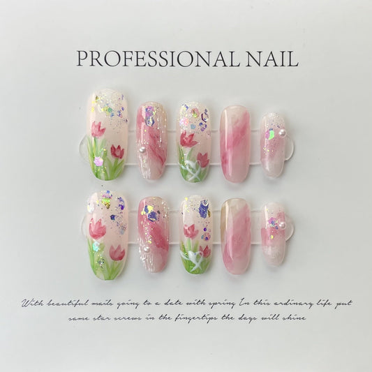 Designer: ManMan Handmade nails Press on Nails DIY Nail Art for woman girl Almond Long pink