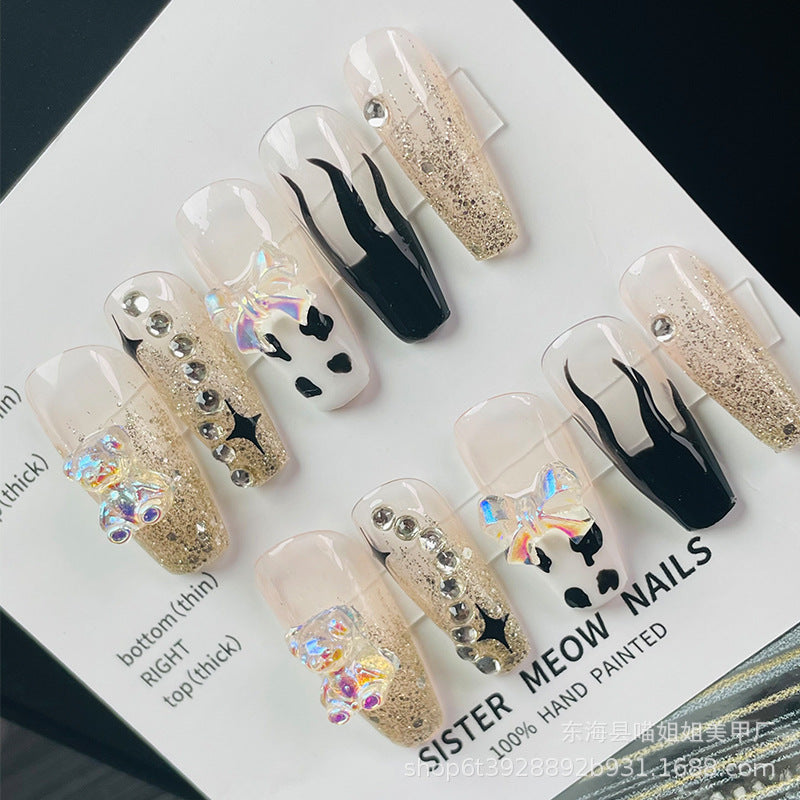 Designer: MeowMeow.Handmade Nail Designs Press on Nails DIY  Nail Art for woman girl Long Coffin gold