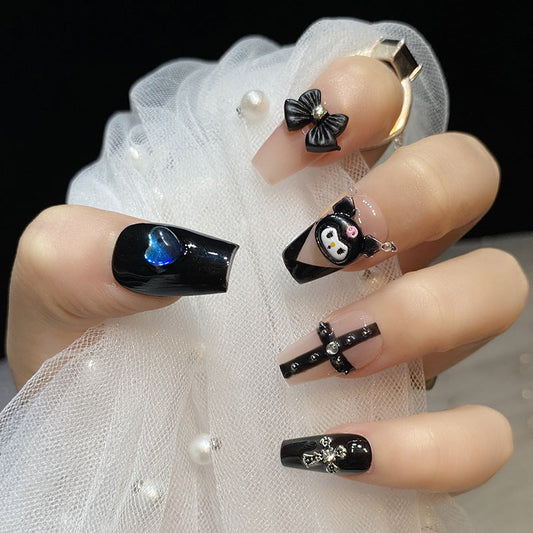 Designer: HuaHua.Handmade nails Press on Nails DIY Nail Art for woman girl Long Coffin pink Cartoon black