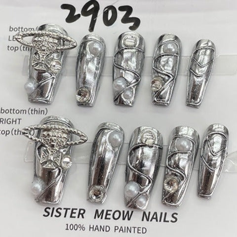 Designer: MeowMeow.Handmade Nail Designs Press on Nails DIY  Nail Art for woman girl Long Coffin silver Metal