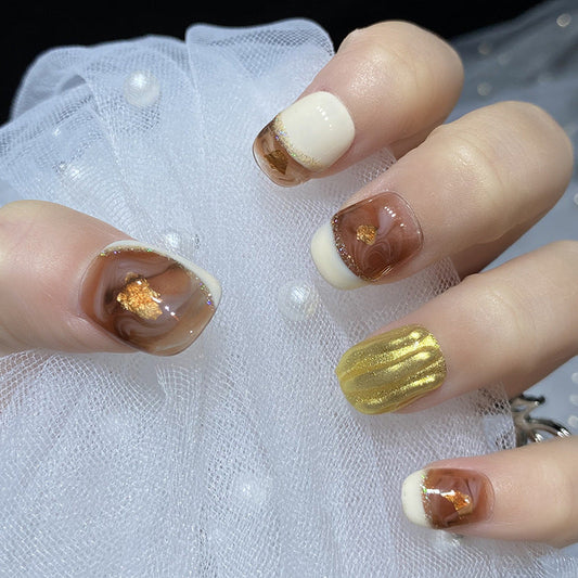 Designer: HuaHua.Handmade nails Press on Nails DIY Nail Art for woman girl Short Square  brown