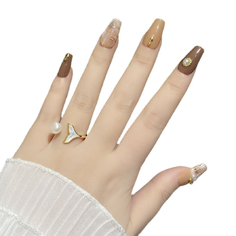 Designer: HuaHua.Handmade nails Press on Nails DIY Nail Art for woman girl Long Coffin brown