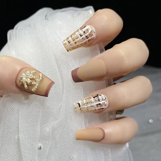 Designer: HuaHua.Handmade nails Press on Nails DIY Nail Art for woman girl Long Coffin brown