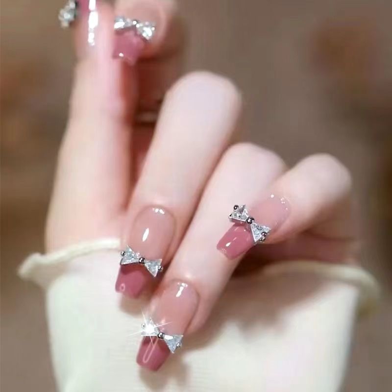 Designer: DuoDuo 1013.Handmade nails Press on Nails DIY Nail Art for woman girl French Shining Long Coffin pink